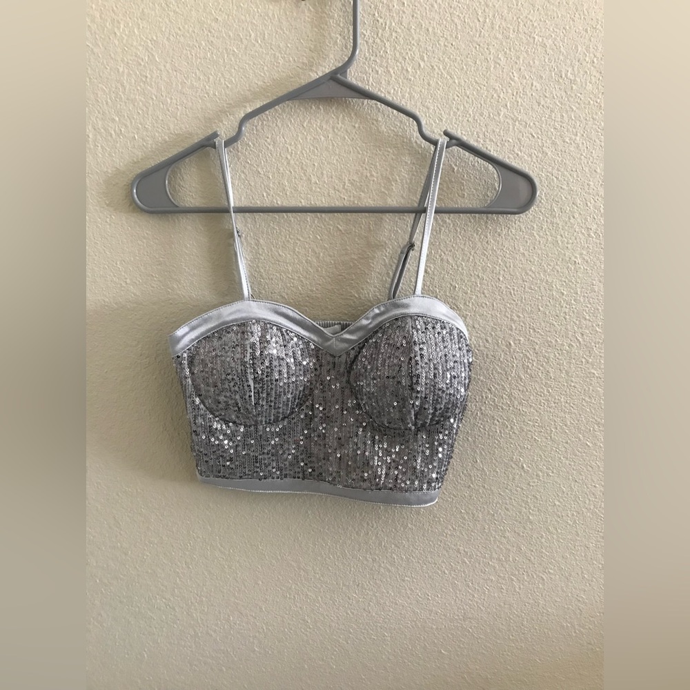 Madden NYC Silver Sequin Bustier Crop Top - Size Small